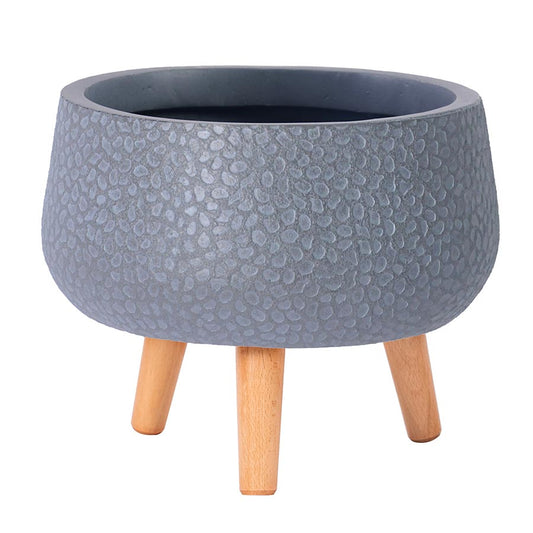 Portamaceta Con Textura Fibra De Arcilla  Gris Y Patas De Madera Natural