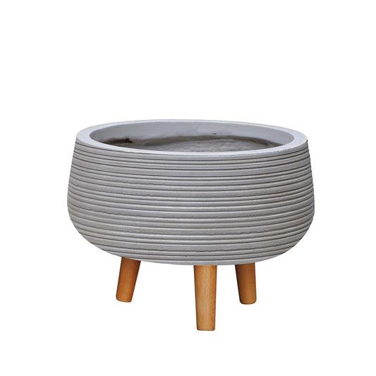 Portamaceta Con Textura Lineas, Fibra De Arcilla  Beige Y Patas De Madera Natural